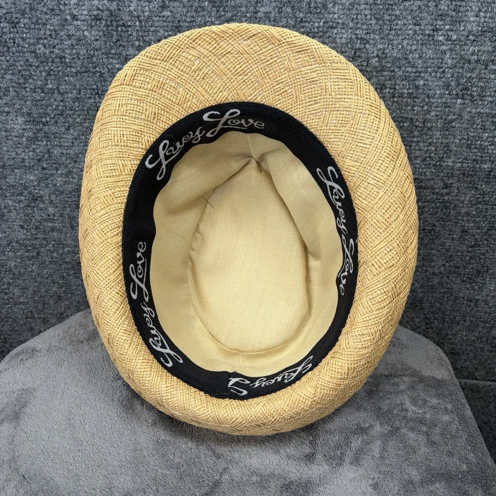Lucy Love Straw Fedora Hat Womens OS Tan Floral Band Woven Sun Beach Summer Boho